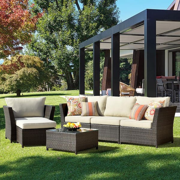 XIZZI Huron Gorden Brown 6-Piece Wicker Outdoor Patio Conversation Sectional Sofa Set with Beige Cushions