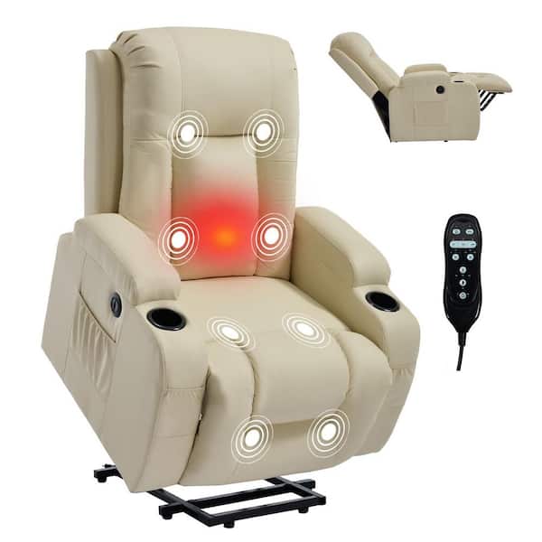 PU Leather Power Lift Recliner Chair with Massage & Heat, Beige Recliners with USB and Type C Ports, 2 Steel Cup Holders