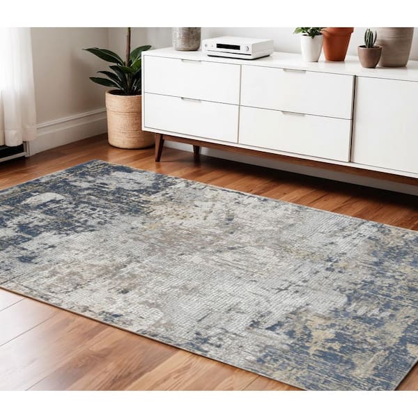 4 ft. x 6 ft. Beige Dark Blue And Gray Abstract Area Rug