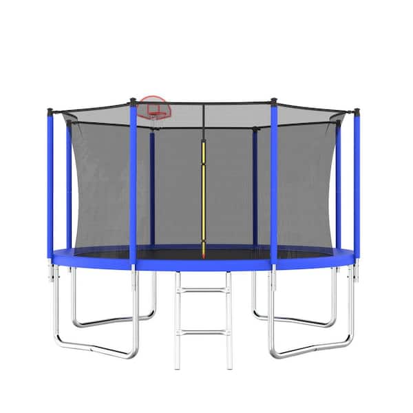 Tenleaf 12 ft. Outdoor Round Blue Trampoline with Basketball Hoop, Hoop, Net, Rubber Ball, Inflator and Ladder