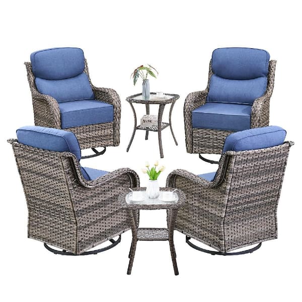 Jhxl Series 6-Piece Gray Wicker Patio Conversation Deep Seating Set with Blue Cushions