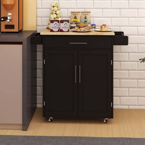 33 in. W x 18 in. D x 36 in. H Black Linen Cabinet, Kitchen Island Rolling Trolley Cart with Towel Rack and Tabletop