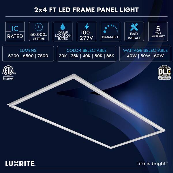 LUXRITE 2 ft. x 4 ft. Frame LED Panel Lights, 5CCT, 5200/6500/7800 Lumens, 40W/50W/60 Watt, Dimmable, Damp Rated, ETL 4 Pack