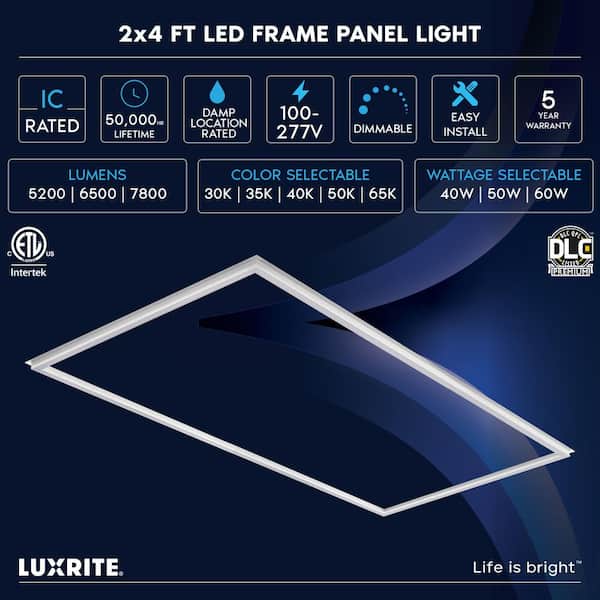 2 ft. x 4 ft. Frame LED Panel Lights, 5CCT, 5200/6500/7800 Lumens, 40-Watt/50-Watt/60-Watt, Dimmable, Damp Rated, ETL
