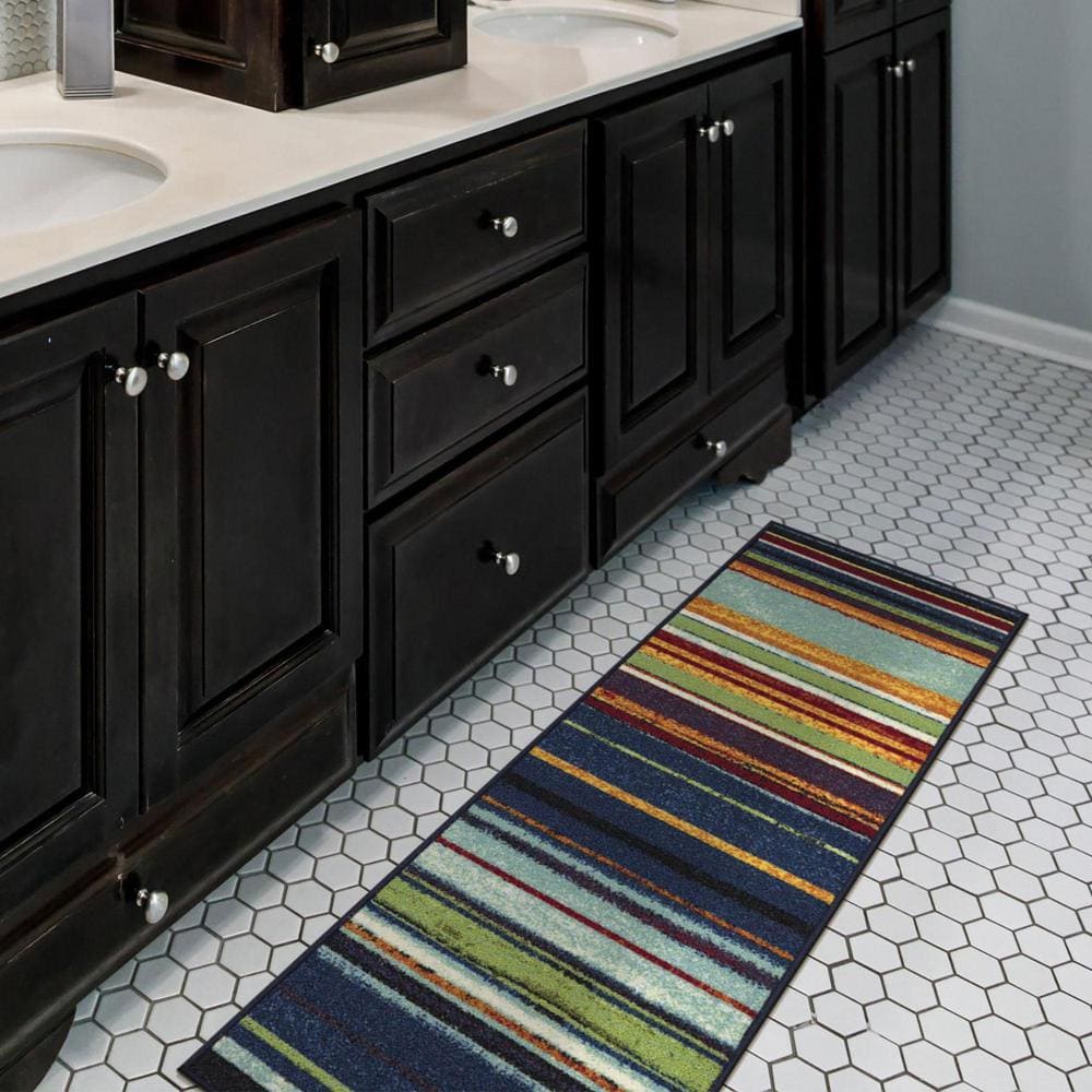 Multicolor Striped Non-Slip Synthetic Runner Rug, 2'7" x 9'10"