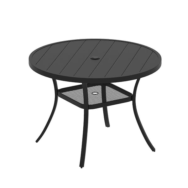 Black Metal 42 in. All Weather Round Outdoor Dining Table with 1.57 in.-1.90 in. Umbrella Hole for 4 People