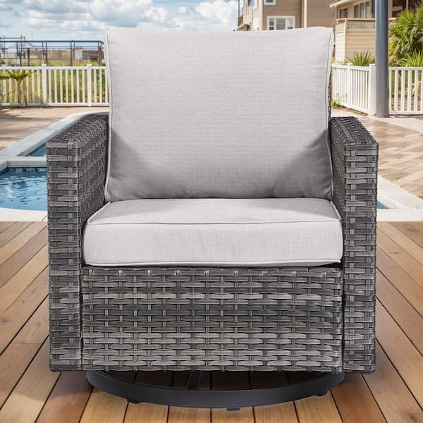 Gray Wicker Outdoor Rocking Chair, Patio Swivel Glider Chair with Beige Cushions for Porch or Balcony (1-Pack)