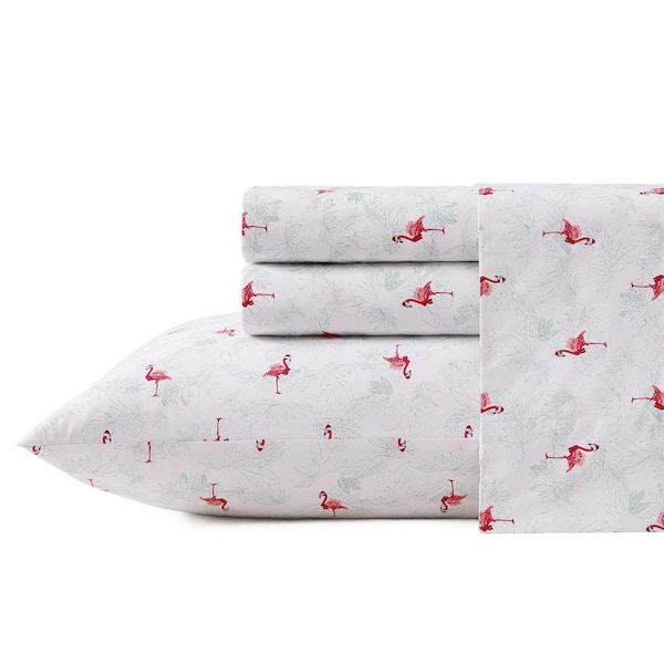 Flamingo Santa 4-Piece Red/Green/White Cotton Percale Queen Sheet Set