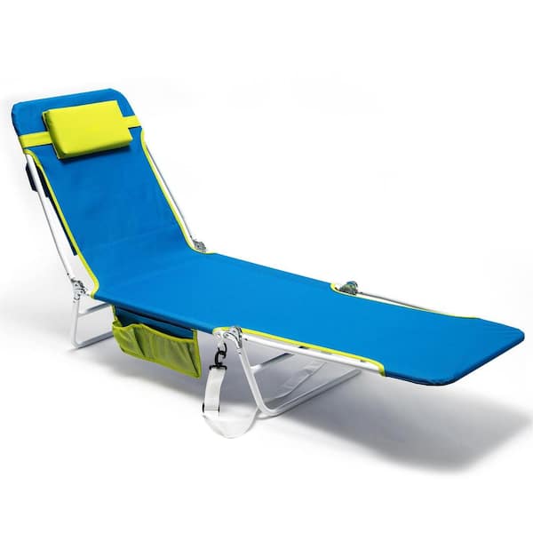 Mondawe Blue 1-Piece Metal Outdoor Chaise Lounge Camping Lounge Chair with Side Pocket and Removable Pillow