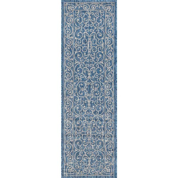 Charleston Vintage Filigree Textured Weave Navy/Gray 2 ft. x 10 ft. Indoor/Outdoor Runner Rug