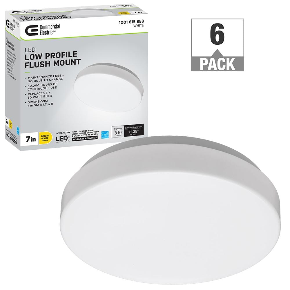 Commercial Electric 7 in. Low Profile Round LED Flush Mount Ceiling Light  Fixture Modern Smooth Cover 810 Lumens (6-Pack) 54663191-6PK - The Home