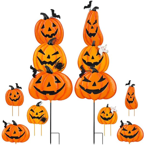 41.3 in. Orange Metal Halloween Garden Stakes Outdoor Pumpkin Yard Decor Scary Lawn Signs 2-Pack