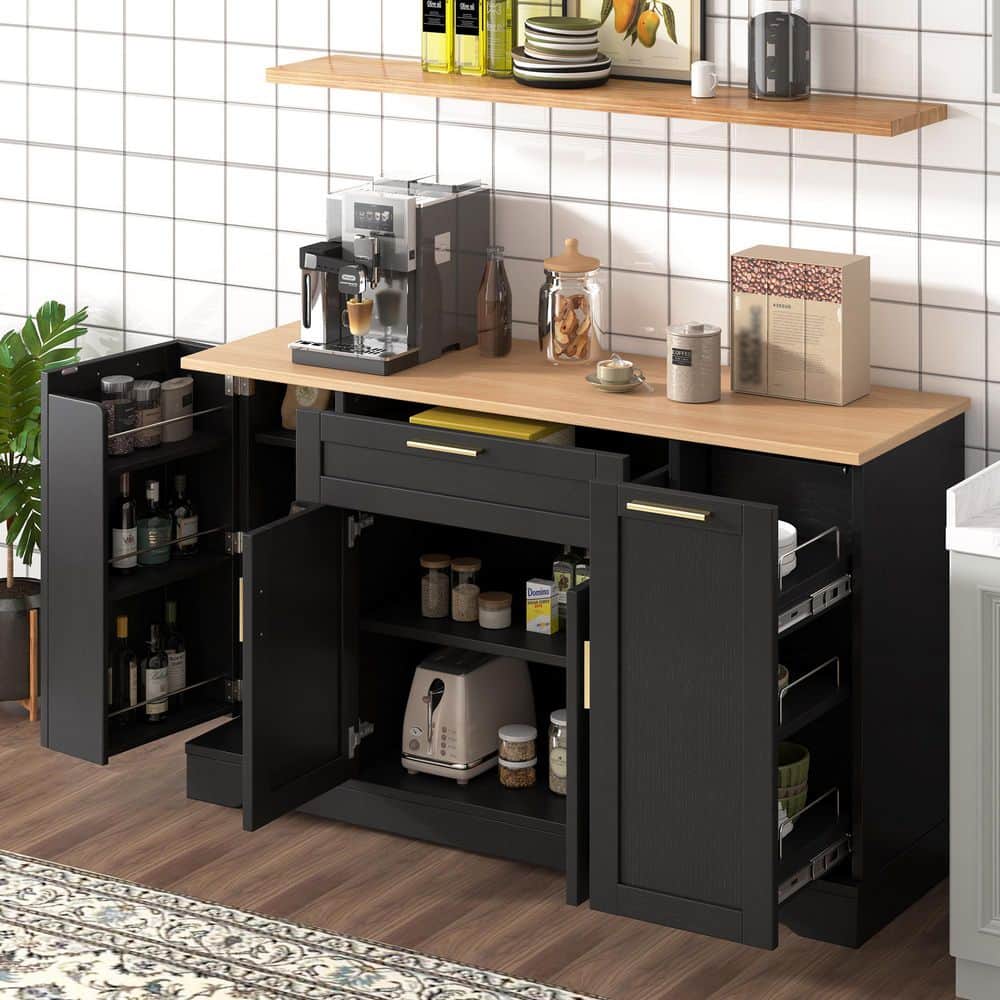 Black MDF Buffet with Adjustable Shelves and 3-Tier Pull-Out Rack