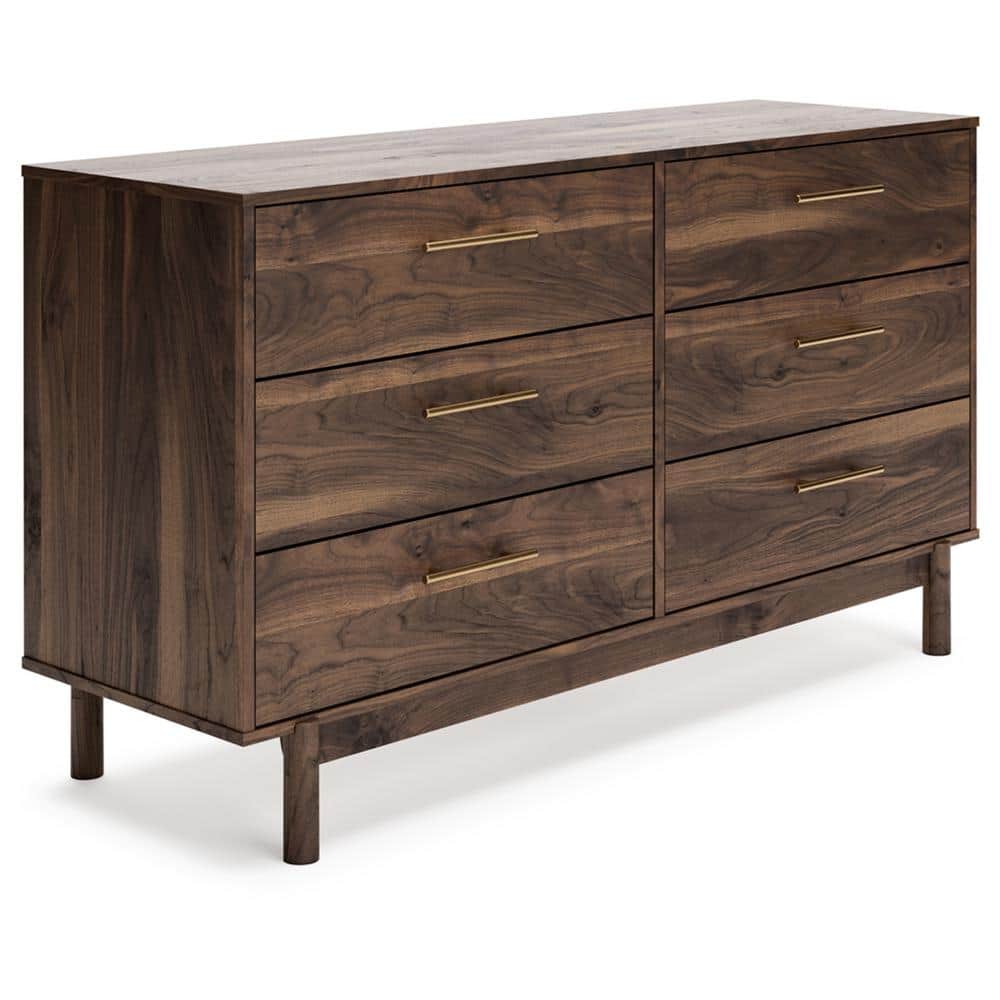Dark Brown 6-Drawer Walnut Wood Dresser with Goldtone Handles