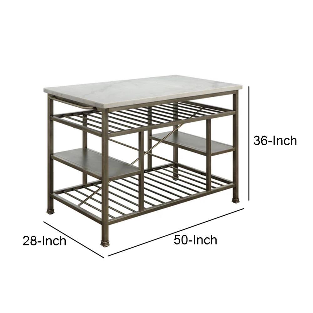 Elegant Gunmetal and White Marble Kitchen Island with Slated Shelves