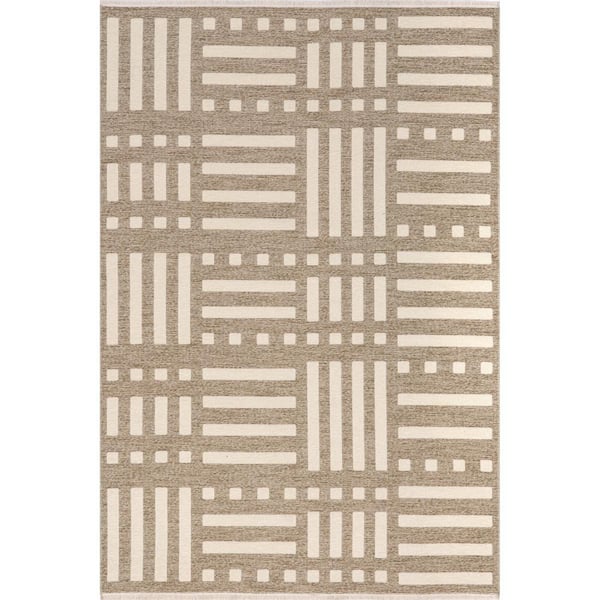 Mina Beige 6 ft. 7 in. x 9 ft. Modern Stripes Reversible Machine Washable Area Rug