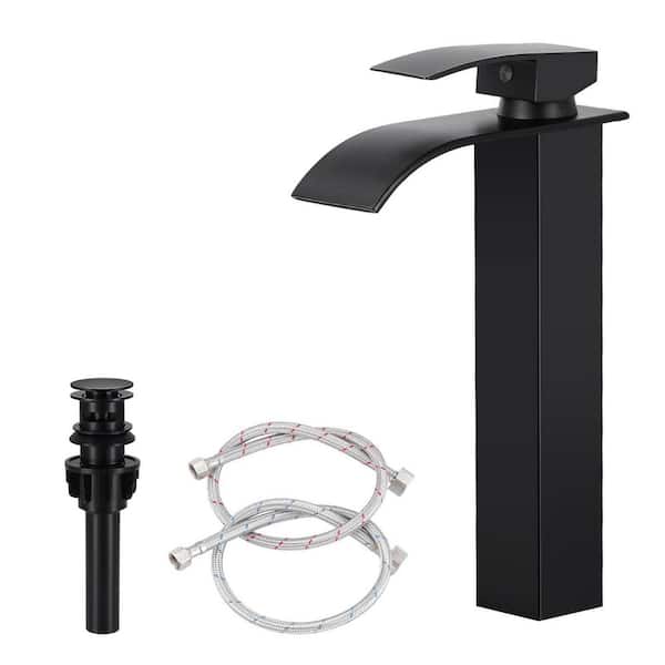 Waterfall Single Handle Vessel Sink Faucet with Pop-Up Drain in Matte Black