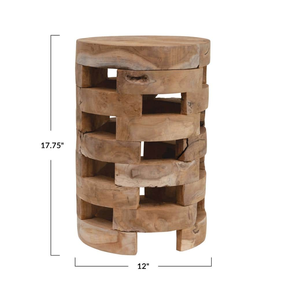 Elegant Teakwood Round Stool, Textured Brown Surface, 12"x17.75"