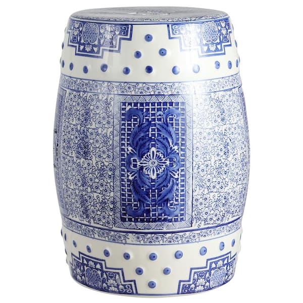 17.8 in. Blue/White Chinoiserie Acanthus Ceramic Drum Garden Stool