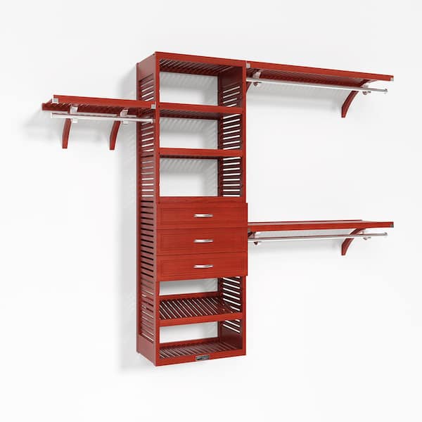 72 in. W - 120 in. W Red Mahogany Walk in with 3 Drawers 16 in. Shelf Wood Closet System
