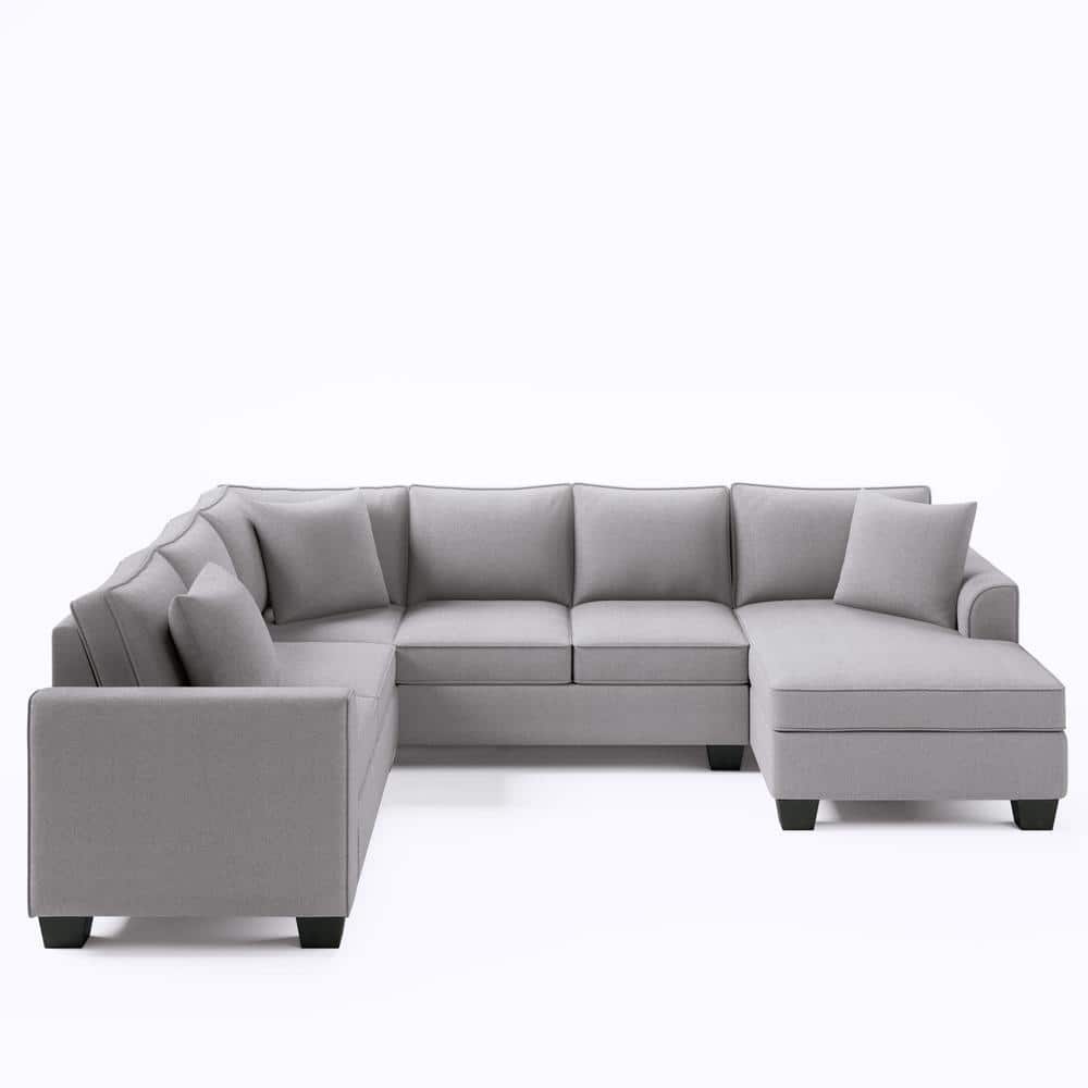 Angel Sar 110.00 in. W Round Arm 3-piece polyester U shaped Sectional Sofa  in Gray with 3 Pillows SQW5052AAE - The Home Depot