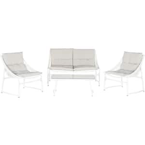 Berkane White 4-Piece Wood Patio Conversation Set with Gray Cushions