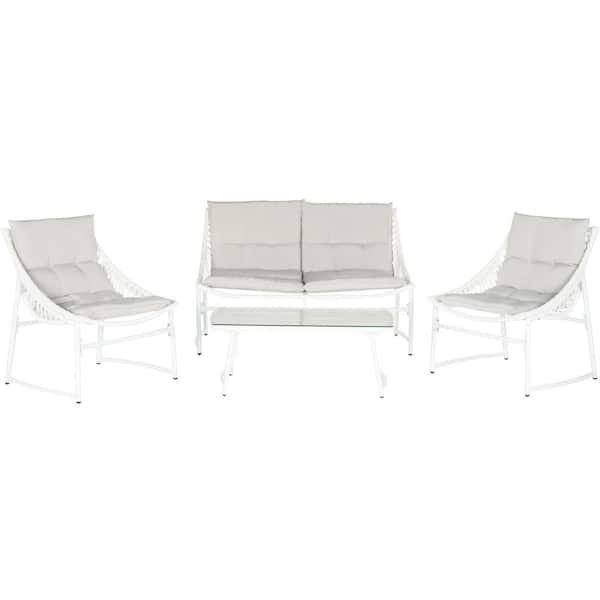 SAFAVIEH Berkane White 4-Piece Wood Patio Conversation Set with Gray Cushions