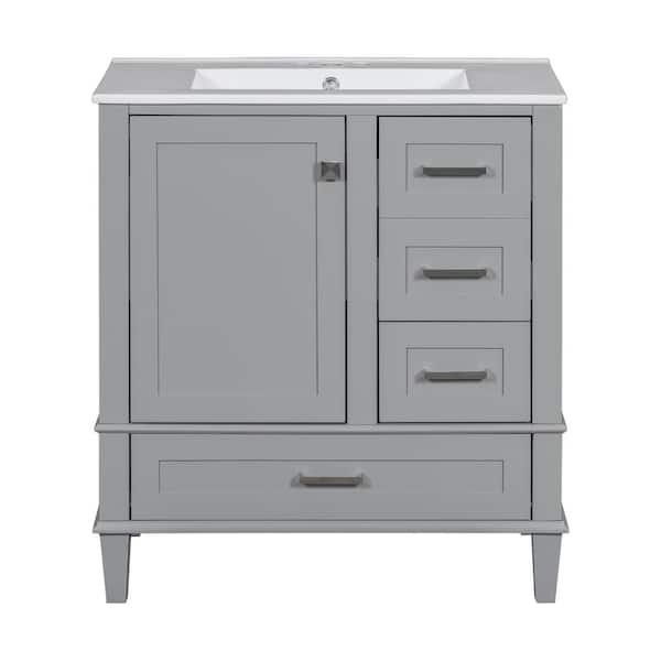 Virubi 30 in. W x 18 in. D x 34 in. H Single Sink Bath Vanity in Gray with White Ceramic Top, Drawers and Soft Closing Door