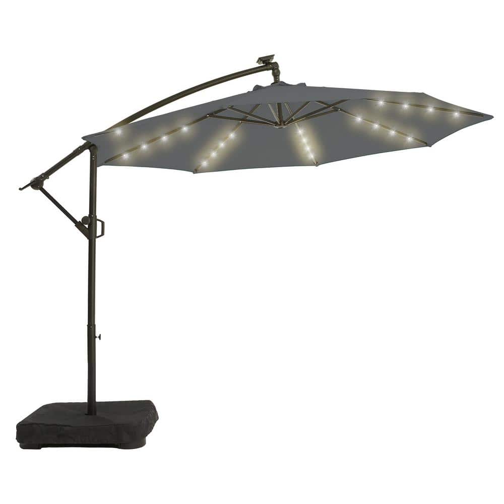 PASAMIC 10 ft. Solar LED Offset Hanging Umbrella Cantilever Patio Umbrella with Tilt Adjustment ...