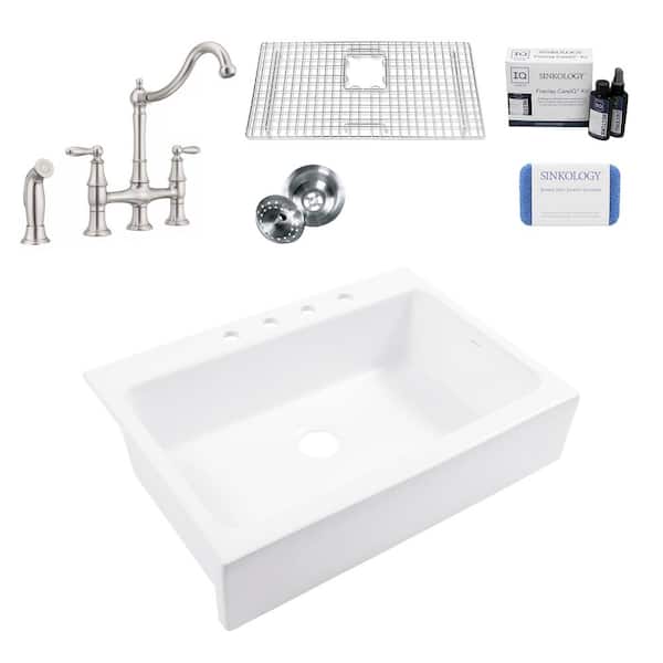 SINKOLOGY Josephine 34 in 4-Hole Quick-Fit Farmhouse Apron Front Drop-in Single Bowl White Fireclay Kitchen Sink with Faucet Kit