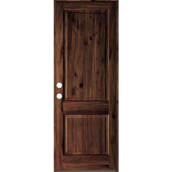 Krosswood Doors 36 in. x 96 in. Rustic Knotty Alder Square Top V-Grooved Red Mahogany Stain Right-Hand Wood Single Prehung Front Door