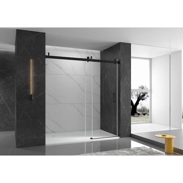 EPOWP 72 in. W x 76 in. H Single Sliding Frameless Shower Door in Matte Black Finish with Clear Glass