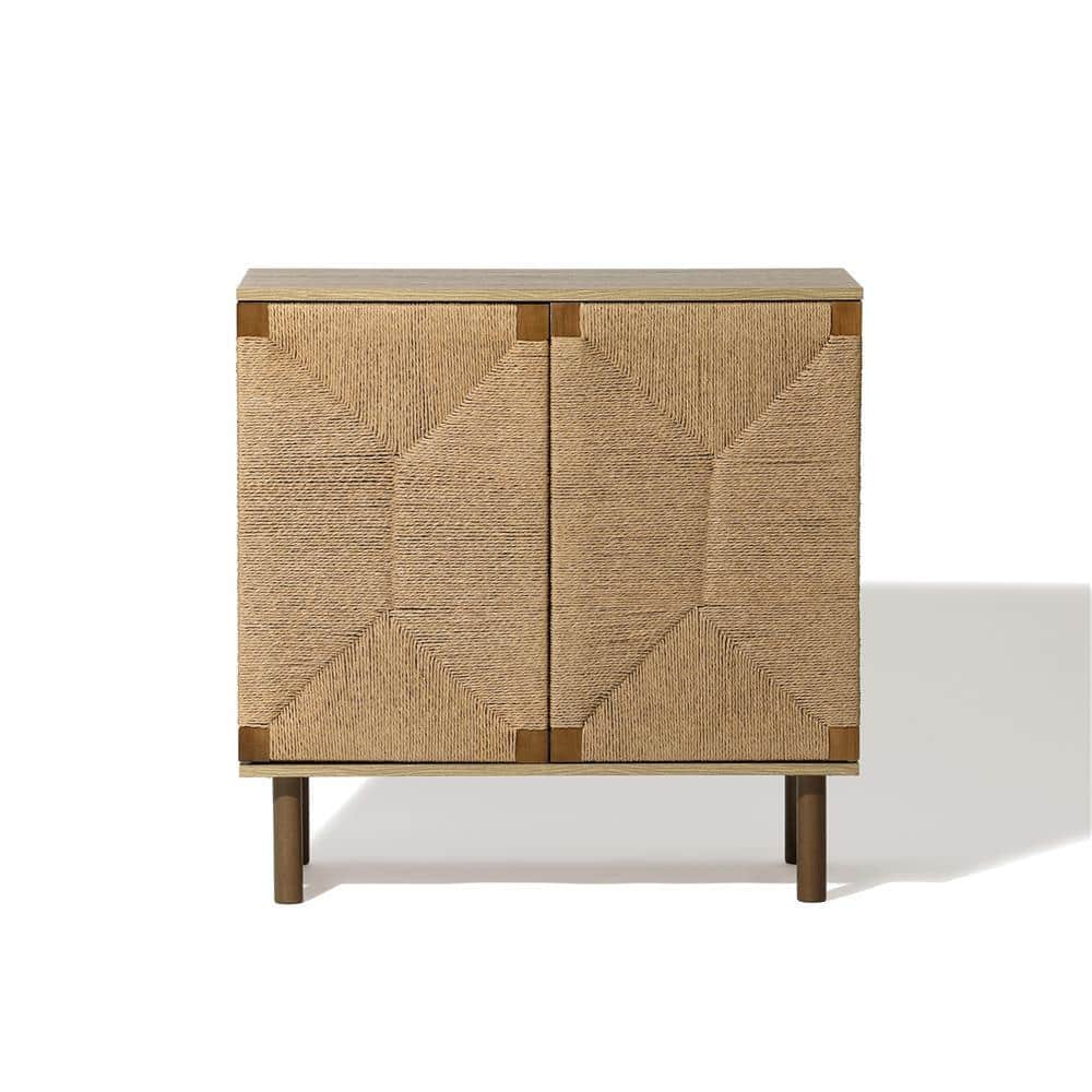Brown Mid-Century Modern Jute 2-Door Cabinet with Adjustable Shelving