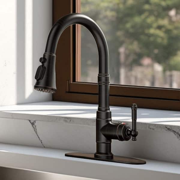 Single Handle Pull Down Sprayer Kitchen Faucet High Arc Spout with 360° Swivel in Oil Rubbed Bronze