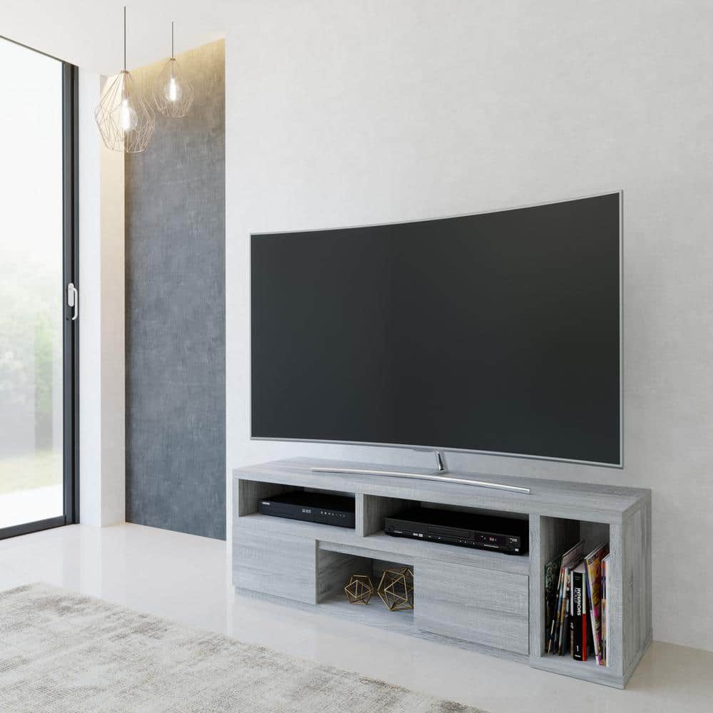 Gray MDF Expandable TV Stand with Shelves and Drawers
