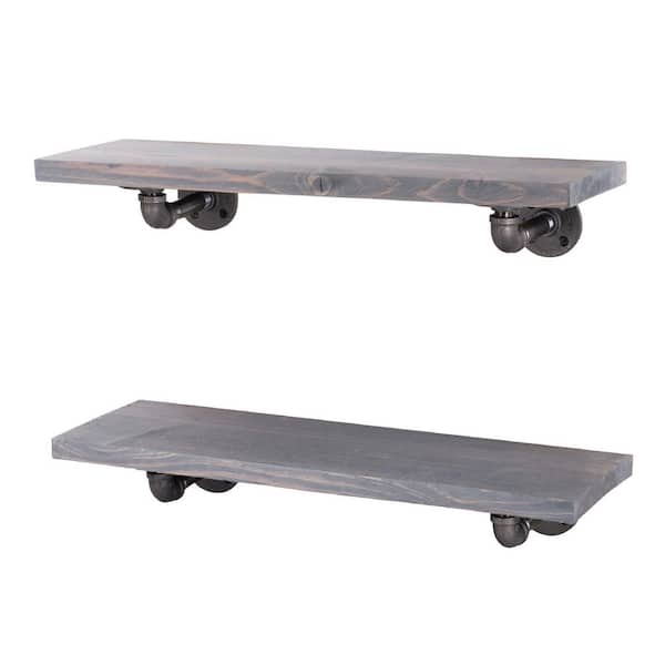 PIPE DECOR 24 in. x 7.5 in. x 6.75 in. Riverstone Grey Restore Wood Decorative Wall Shelf with Industrial Steel Pipe L- Brackets