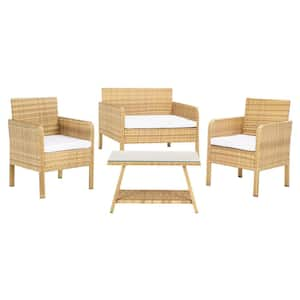 Aboka Natural 4-Piece Wicker Patio Conversation Set with White Cushions