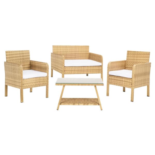 SAFAVIEH Aboka Natural 4-Piece Wicker Patio Conversation Set with White Cushions