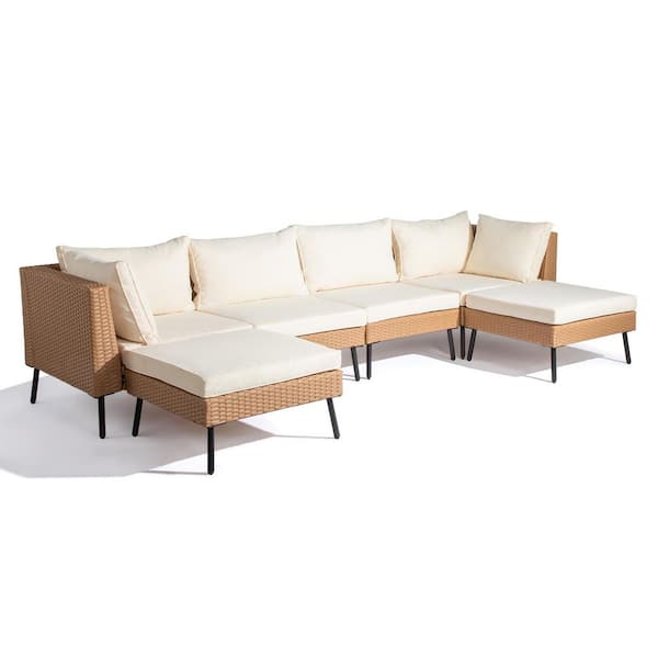 6-Piece Yellow Wicker Outdoor Sectional Set with Beige Cushions