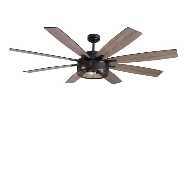 72 in. Indoor Matte Black Caged Ceiling Fan with Light Kit, Reversible Blades and Remote Included