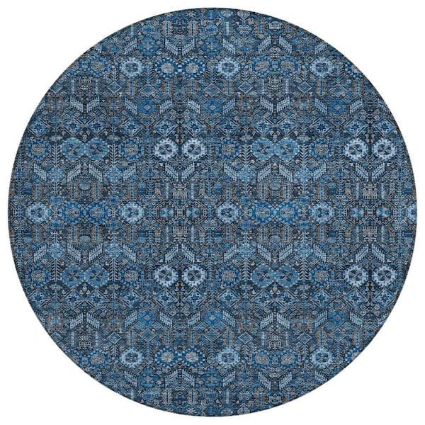 8' Round Blue And Ivory Round Floral Stain Resistant Indoor Outdoor Area Rug 8' Round Blue And Ivory Round Floral Stain Resistant Indoor Outdoor Area Rug