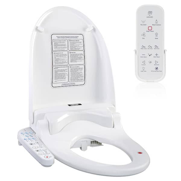 Elongated Heated Smart Bidet Toilet Seat w Warm Air Dryer, Adjustable Water Temperature & Self-Cleaning Nozzle in White