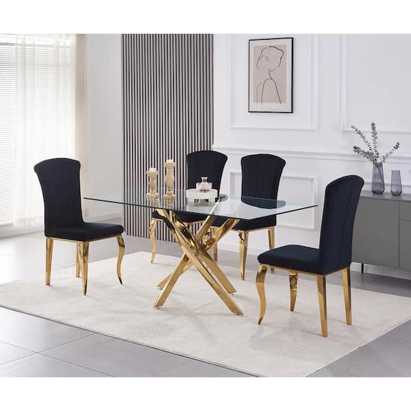 Black Velvet Upholstered Dining Chair Modern Accent Side Chair with Gold Metal Legs Set of 2 FY W370121972 The Home Depot