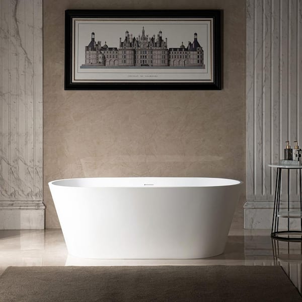 WOODBRIDGE 59 in. Solid Surface Stone Resin Flatbottom Freestanding Bathtub in Matte White with 2 Drain Covers
