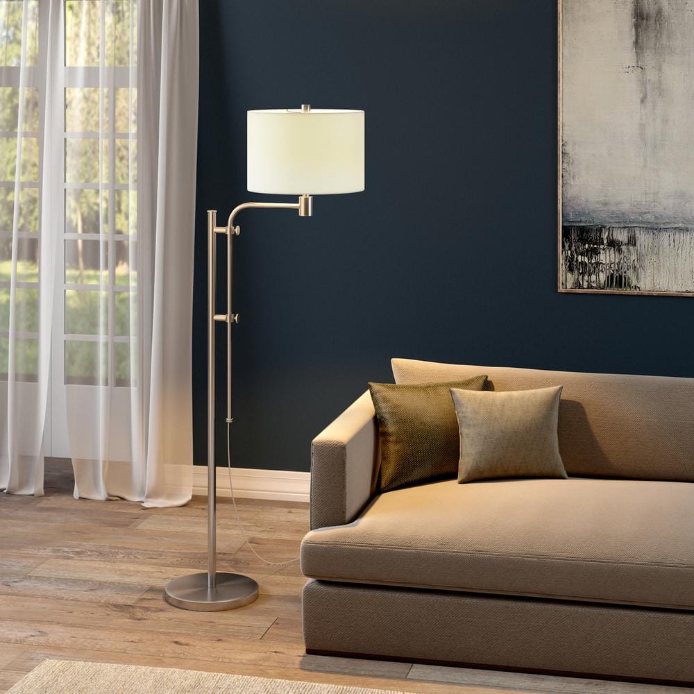 Adjustable Silver Industrial Floor Lamp with Drum Shade