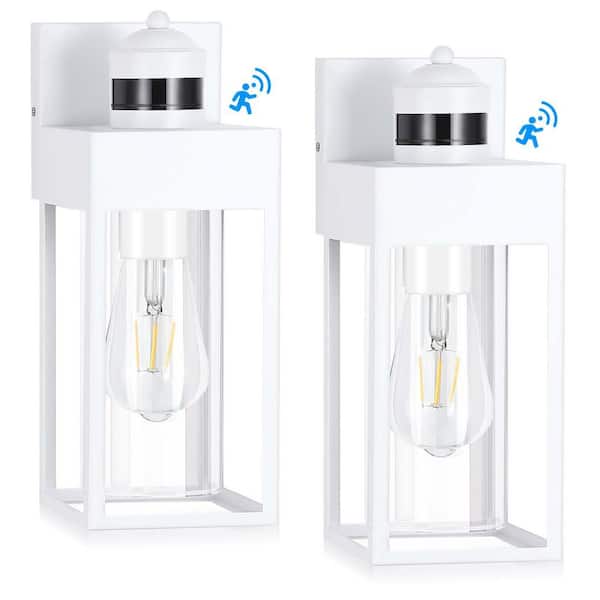 1-Light White Motion Sensing Dusk to Dawn Hardwired Outdoor Wall Lantern Sconce with Clear Glass(2-Pack)