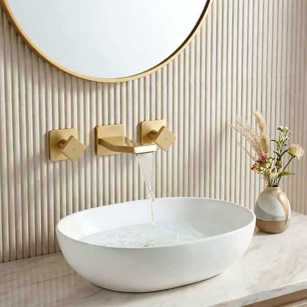 Double Handle Wall Mounted Bathroom Faucet with with Rough in Valve and Knob Handle in Gold