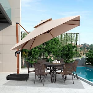 10 ft. Square High-Quality Aluminum Polyester Wood Pattern Patio Umbrella Cantilever Umbrella with Wheels Base, Beige