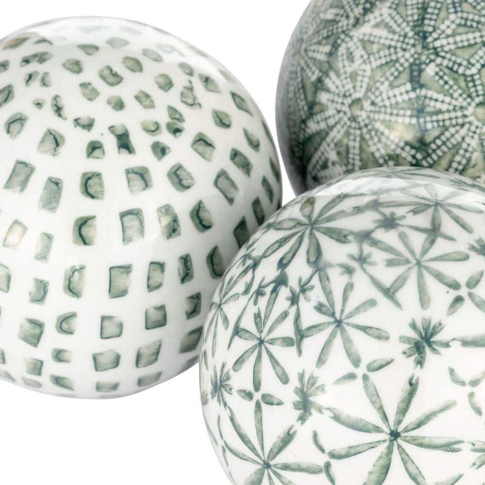 Set of 3 Green and White Ceramic Decorative Orbs
