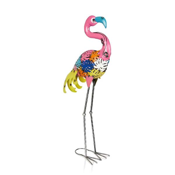 Metal Palm Leaf Body Flamingo Garden Statue